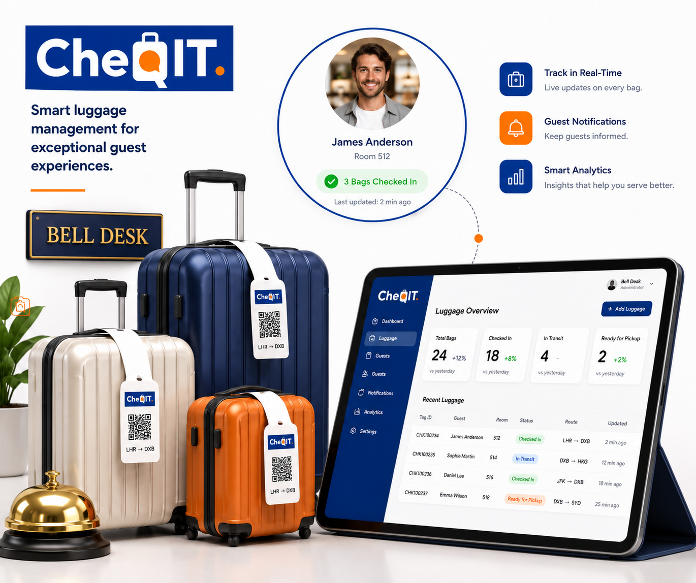Hotel staff using a CheQIT tablet to check in guest luggage