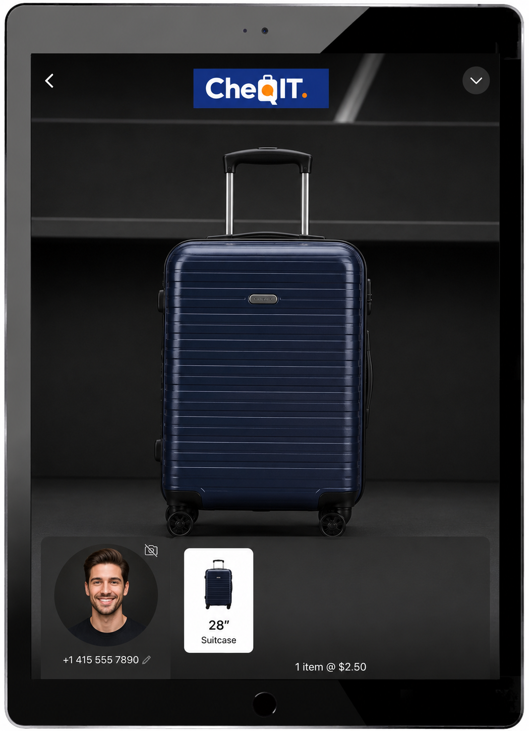 CheQIT iPad showing luggage check-in with customer photo